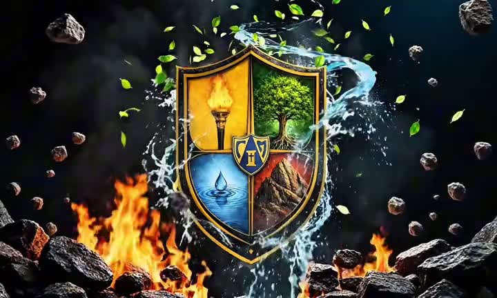 Escudo de las cuatro casas, entre fuego, agua, piedra y hojas